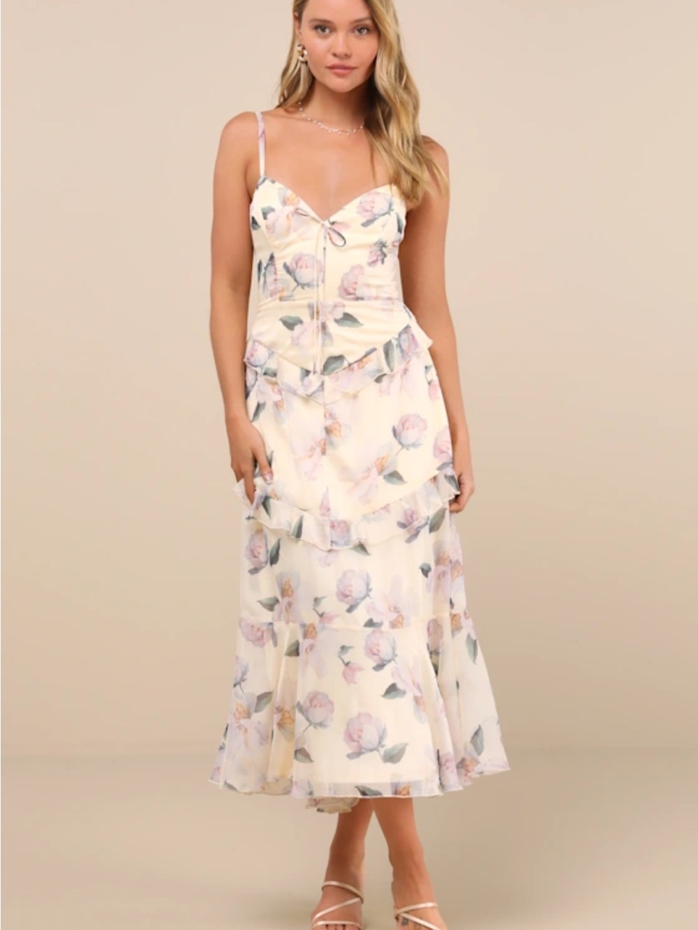 Lulu's Cream Floral Tiered Midi Dress with Pink Blooms